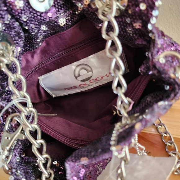 BIG BUDDHA Metallic Purple Silver Sequin Silver Chain Straps Slouchy Hobo Bag - Picture 6 of 13